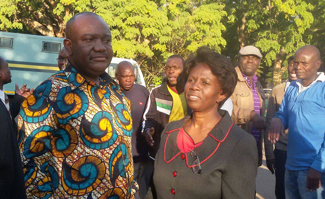 Harare Mayor Bernard Manyenyeni (left) soon after his release
