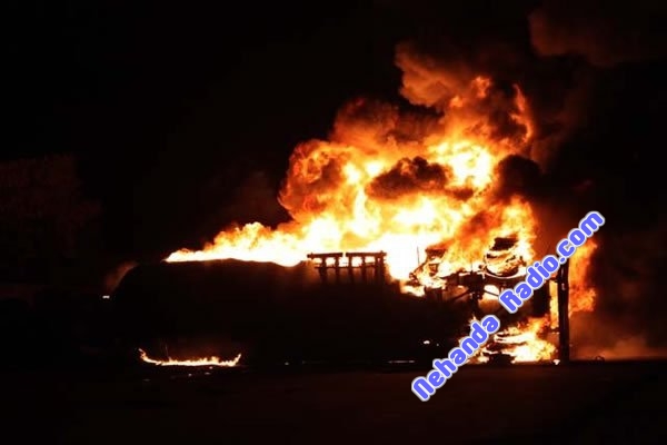 UP IN FLAMES...The fuel tanker that was involved in an accident along Boshoff Drive in Harare on Saturday (June 11, 2011) night before catching fire as some people reportedly tried to loot the leaking petrol.  Several are feared dead. 