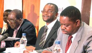Copac co-chairpersons Munyaradzi Paul Mangwana, Mr Douglas Mwonzora and Edward Mkhosi alongside the committee’s spokesperson Ms Jessie Majome at a Press conference at the Second All Stakeholders’ Conference in Harare