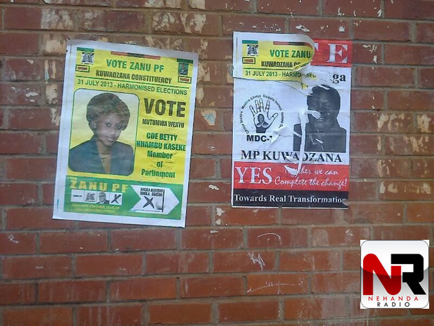 The Zanu PF candidate for Kuwadzana, Betty Kaseke and her campaign team can be seen deliberating defacing posters for the MDC-T candidate Lucia Matibenga and pasting her own ones on top.