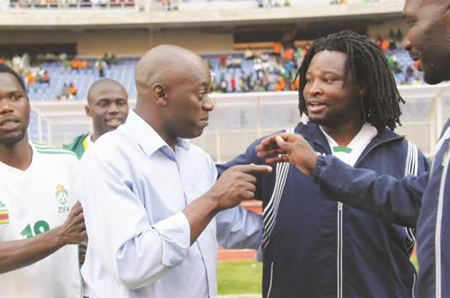 THREE WISE MEN . . . Zimbabwe coach Ian Gorowa (left) celebrates with his assistants Callisto Pasuwa (right) and Mkhuphali Masuku soon after their match against Zambia in Ndola on Saturday.