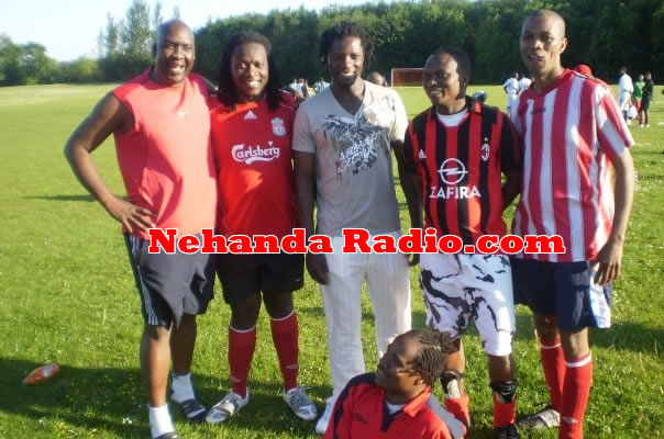 In happier times: Michael Mandaza (left) seen here with Tumelo Hove “Fish” (former Zimbabwe Saints keeper), Benjani Mwaruwari (former Auxere, Portsmouth, Man City) Melusi Mthombeni (former Highlanders and Air Zimbabwe jets), Engelbert Chitsamba “Dhana” Rufaro Rovers (right) and Bekezela Ncube (former Highlanders juniors) seated.