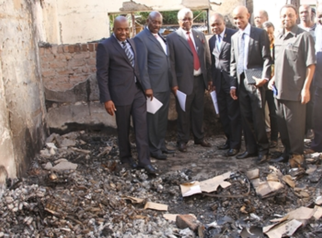 From left Health and Child Care Deputy Minister Paul Chimedza, Health and Child Care Minister David Parirenyatwa, Local Govt, Public Works and National Housing Minister Ignatius Chombo, Higher and Tertiary Education, Science and Technology deputy Minister, Godfrey Gandawa, Dr Shield Kajese Chidamoyo medical superintendent and acting permanent secretary ministry of health Dr Gibson Mhlanga assess the value of the destroyed medical drugs at Chidamoyo Mission Hospital that was recently gutted down by fire in Hurungwe