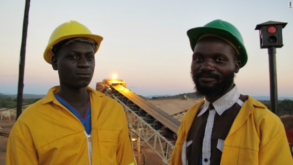 Two local workers at a diamond mine owned by Marange Resources in Zimbabwe