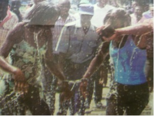 The women were taken away by a policeman but one man came with a bucketful of soapy water and poured it on them while another poured sour milk on them as they were being led to the police station
