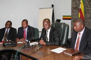Information, Media, and Broadcasting Services Minister Professor Jonathan Moyo (second from right), his deputy Cde Supa Mandiwanzira (far right), principal director Mr Regis Chikowore (second from left) and ZBC acting chief executive Mr Allan Chiweshe at a Press briefing in Harare 