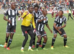 Bosso players Mthulisi Maphosa (left), Munyaradzi Diya, Charles Sibanda, Bruce Kangwa and Milton Ncube celebrate their team’s first goal scored by their goalkeeper in the eighth minute at Barbourfields Stadium