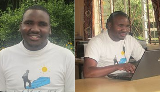 Tafadzwa with laptop and microphone presenting his national radio show