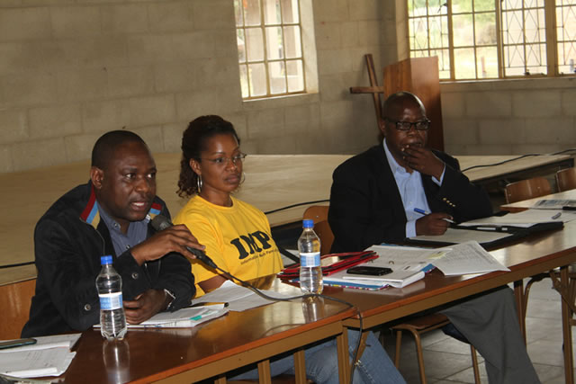 The Zimbabwe Independent Editor Dumisani Muleya (left) stresses a point during the Information and Media Panel of Inquiry (IMPI) meeting held in Tsholotsho