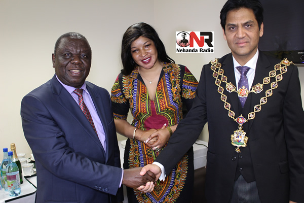 MDC-T leader Morgan Tsvangirai and wife Elizabeth with the Mayor of Birmingham after a rally in the city on Saturday.