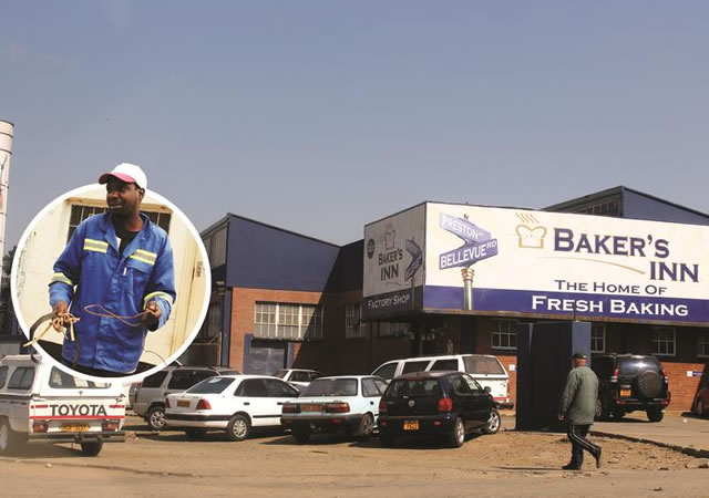 The Bakers Inn outlet that was robbed and Charles Mavingire a security guard at Omega Sibanda’s offices shows the strips of leather used by the robbers to tie him up