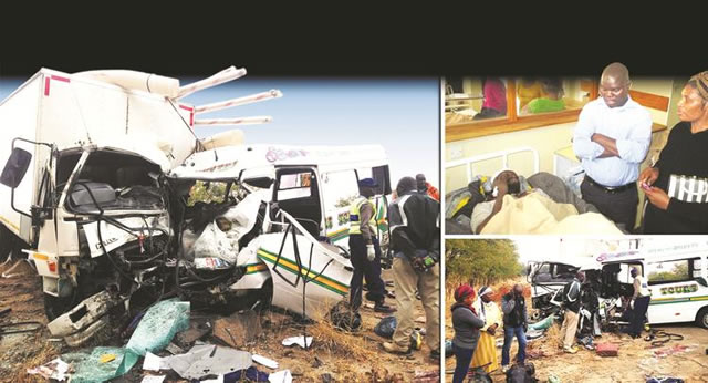 The wrecks of the Sprinter bus and Hino truck which collided along the Masvingo-Beitbridge Road yesterday morning