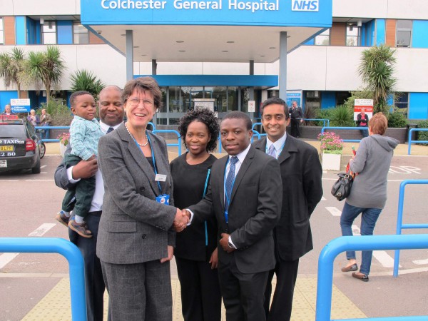 Dr Blessing Zamba being welcomed at Colchester hospital by the CEO ,Dr Lucy Moore. Behind Dr Zamba is Dr Vithian, consultant Endocrinology and Diabetes , who is supervising the placement. Also in the picture is the Hazel and Jeff Sango and son Murishe. The family negotiated the placement and also the Commonwealth fellowship.