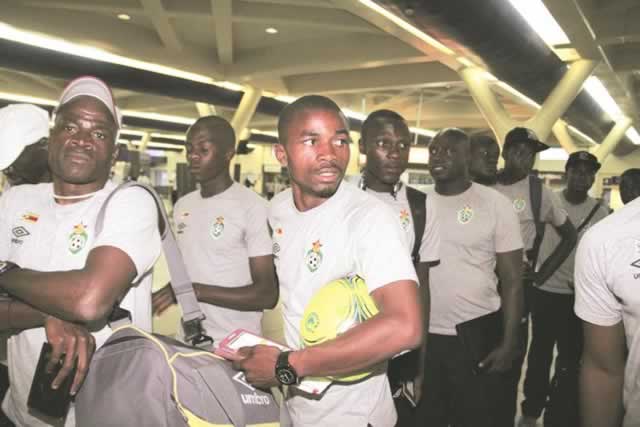 Young Warriors clear formalities at Harare International Airport yesterday before they left the capital for Morocco where they will play an international friendly tomorrow