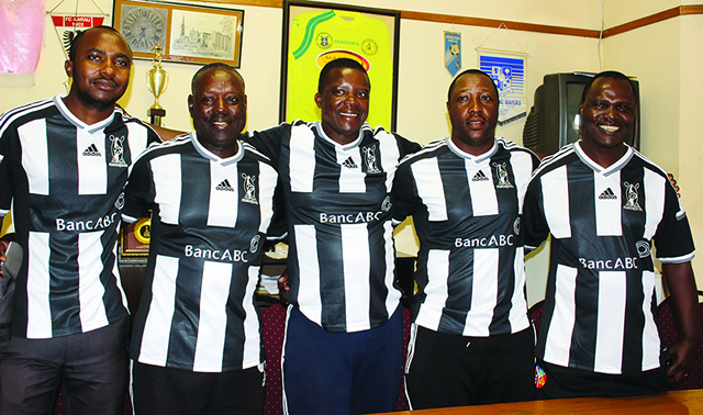 BOSSO’S TECHNICAL BENCH: From left, Sebastian Ndlovu (medic), Peter Nkomo (goalkeepers coach), Bongani Mafu (head coach), Mandla Mpofu (assistant coach) and Netsai Moyo (team manager). Picture by Resta Chikomo
