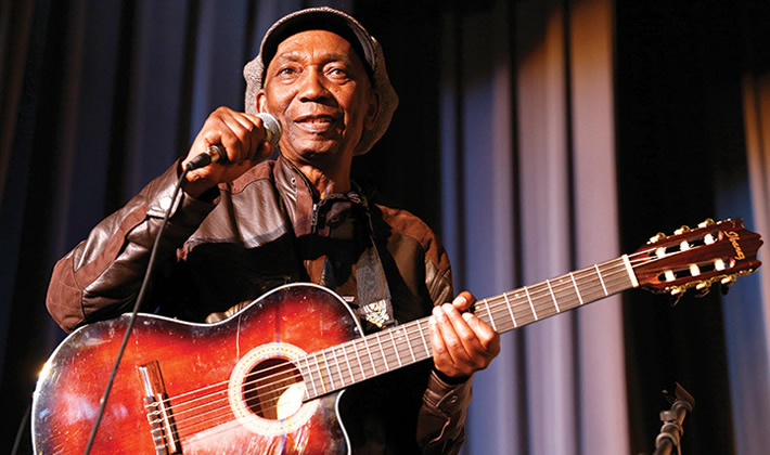 Thomas Mapfumo plays an electric guitar as part of set during the 32nd Annual Black World Conference Feb. 19 at the Tivoli Turnhalle. Photo by Alyson McClaran • amcclara@msudenver.edu