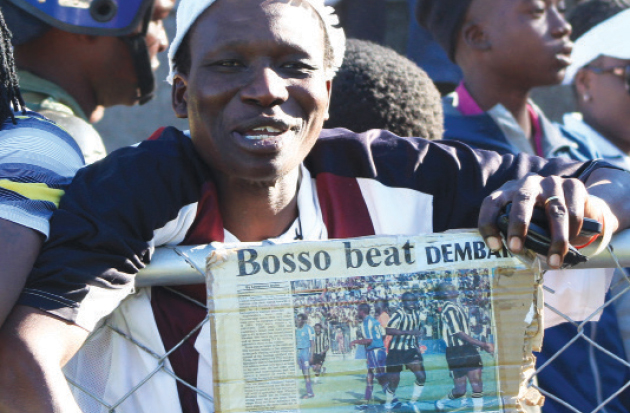 A Highlanders fan displays a Chronicle cutting of the July 30, 2006 edition, the last time Highlanders beat Dynamos 2-0 before Sunday’s match. The teams played to a 1-1 draw at Barbourfields Stadium on Sunday. Highlanders have gone for nine years without a victory over Dynamos