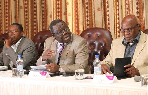 Simba Makoni, Morgan Tsvangirai and Dumiso Dabengwa at a press conference in 2013