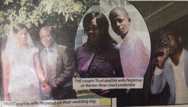 Trust Sibanda and wife Perpetua on their wedding day and Pastor Israel Mateyu (right)