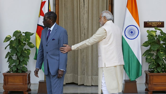 On two occasions on the big stage in India this week, Mugabe has had to be assisted by Indian Prime Minister Narendra Modi