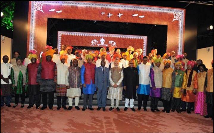 In the picture, all except one, are clad in colourful traditional Indian attire. That exception is Zimbabwe’s President, Robert Mugabe, who stands out from the crowd in his tailored grey suit.