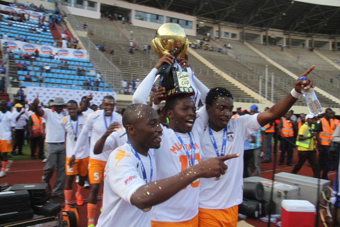 PARTY TIME...Harare City players (from left) Martin Vengesayi, Osborne Mukuradare and Diro Nyenye celebrate after their team beat Dynamos in the Chibuku Super Cup final at the National Sports Stadium yesterday - Picture by Kudakwashe Hunda