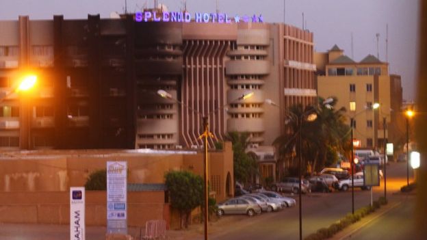 A Ouagadougou resident sent the BBC photos of the aftermath of the attack on Saturday morning. Here soot can be seen on the side of the Splendid Hotel