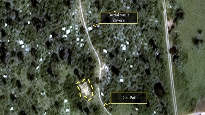 A satellite image shows disturbed earth at a site where witnesses say there is a mass grave