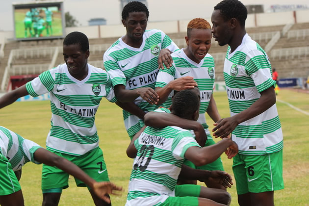 FC Platinum players celebrate scoring a winning goal