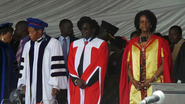 Ezekiel Guti, President Robert Mugabe and First Lady Grace Mugabe at the official opening of the ZAOGA University