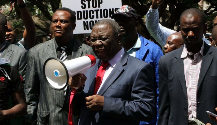 MDC-T president Morgan Tsvangirai during a demo demanding the location of missing activist Itai Dzamara