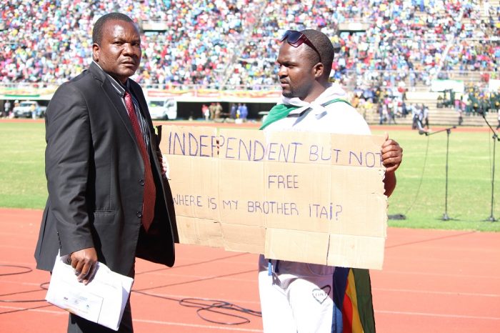 Patson Dzamara, brother to missing activist Itai Dzamara, was brutally assaulted by state security agents on Monday after his one-man demonstration in front of President Robert Mugabe at the National Sports Stadium