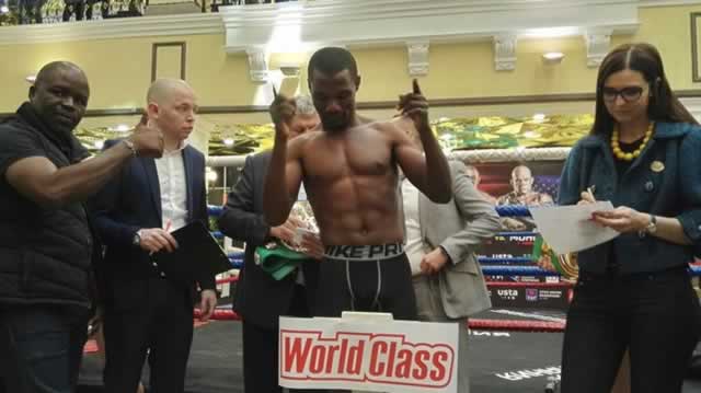 READY TO RUMBLE . . . Zimbabwe boxing ace Charles Manyuchi goes through the weigh in routine ahead of his massive fight in Russia