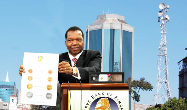 File picture of RBZ governor John Mangudya unveiling bond coins