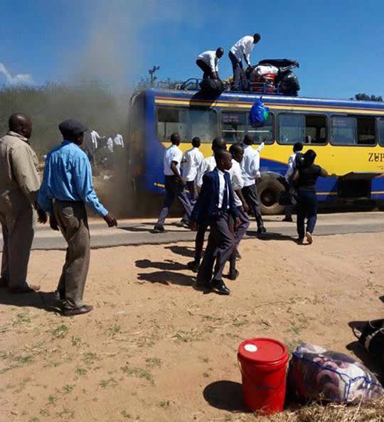 Pupils’ luggage was retrieved from the bus before it caught fire