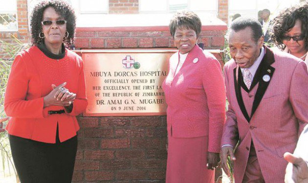 The First Lady Grace Mugabe, Dr Eunor Guti and Professor Ezekiel Guti pose for pictures soon after the ribbon cutting to mark the official opening of the Zaoga owned Mbuya Dorcas Hospital in Harare yesterday