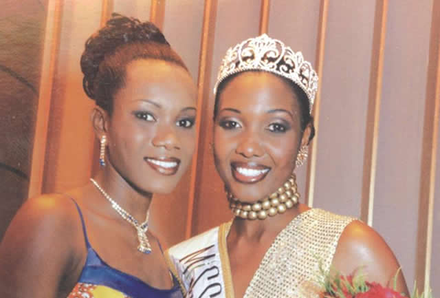 Brita Masalethulini (right) and a finalist from Ghana after the crowning moment