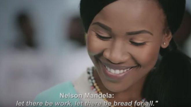 Nelson Mandela's voice is heard as the woman in the polling booth decides which party to vote for