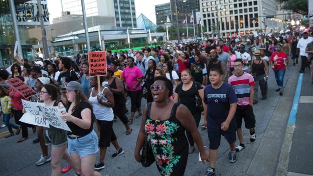 The protesters have been angered by the deaths of black men at the hands of police