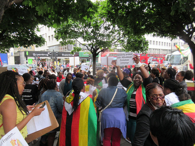 Feelings ran high as Zimbabwean exiles demonstrated outside the Zimbabwe Embassy in London on Wednesday in support of the two-day #ShutdownZimbabwe called by Pastor Evan Mawarire of the #ThisFlag protest movement.