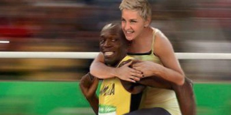 The photoshopped meme Ellen DeGeneres tweeted of her riding Jamaican sprinter Usain Bolt