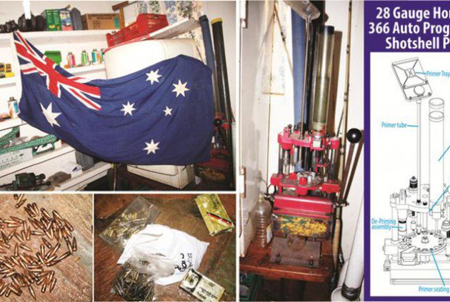 This collage shows the ammunition-making equipment (right), some of the live ammunition and other paraphernalia including the Australian flag, recovered during the raid at Geofrey Kelly McKinnon’s Domboshava farmhouse