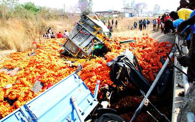 The driver of this haulage truck died on the spot on Saturday morning when the truck that was laden with oranges destined for Mbare market veered off the road and plunged into Mukuvisi River along Simon Mazorodze Road in Waterfalls. — (Picture by John Manzongo)