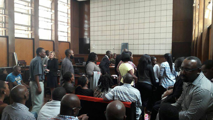 The activists who appeared in court were Advocate Fadzayi Mahere (31) (in yellow top), Nyasha Musandu (28), Henry Munangatire (32), Mudiwa Mahere (25), Talent Chademana (28), Thobekile Ncube (42).