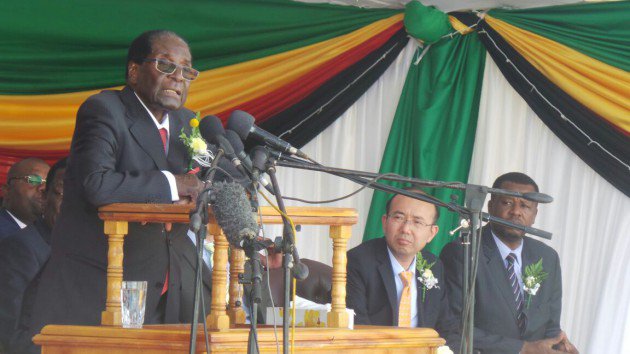 President Mugabe addressing the gathering at Victoria Falls International Airport. Picture by Believe Nyakudyara