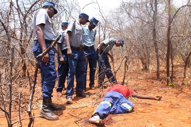 Police officers inspect the body of Qalisani Moyo in Filabusi yesterday