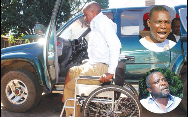 National People’s Party (NPP) presidential spokesman Mr Gift Nyandoro (also bottom inset) helps himself from a wheelchair on arrival at a private hospital after being assaulted and injured by the party’s spokesperson Jealousy Mawarire (top inset) in Harare yesterday. — (Picture by Kudakwashe Hunda)