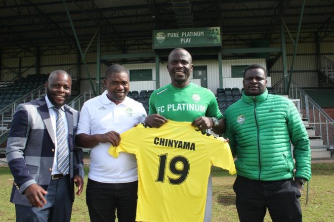 SIGNED AND SEALED . . . Zimbabwe international forward Takesure Chinyama (centre) is unveiled as an FC Platinum player at Mandava by the club’s secretary-general Benson Wirimai (left) and chairman Evans Mtombeni