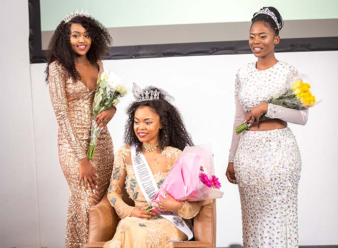 Miss World Zimbabwe UK 2017 Karen Kawadza surrounded by Amanda Nkomo (left) - First Princess) and Laurah Simbi (right) Second Princess