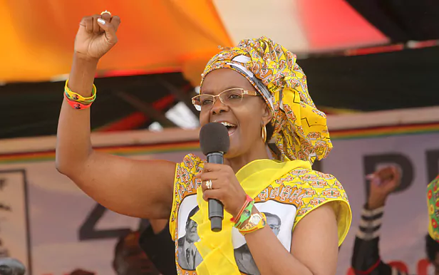 Zimbabwe's First Lady Grace Mugabe addresses party supporters at a rally in Harare